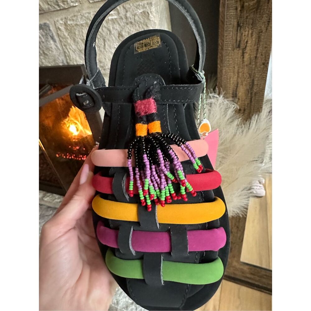 Farm Rio Sandal Size 7 Womens Black Beaded Tassel Shoes Bohemian Casual NWT - Picture 3 of 7